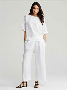 Eileen Fisher.  I like the wide cropped pants and short top. Ankle-length Linen Wide Leg Pants, Modern Linen Wide-leg Pants, Chic Linen Wide Leg Pants With Pull-on Style, Fitted Ankle-length Linen Wide Leg Pants, Womens Summer Wardrobe, Eileen Fisher Lantern Pants, Wide Cropped Pants, Most Stylish Men, Wide Leg Linen Pants