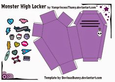 an image of a paper box with stickers on the front and back side that says monster high locker