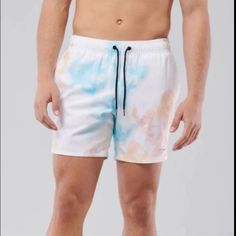 Comfortable, Shorter-Length Trunks That Hit Mid-Thigh, Interior Mesh Lining, Designed With An Adjustable Drawstring Waistband, Allover Tie-Dye Pattern And Logo At Left Leg. Body:92% Polyester, 8% Elastane / Mesh:100% Polyester Casual Tie Dye Fitted Swimwear, Casual Fitted Tie-dye Swimwear, Kids Swim Trunks, Hollister California, Mens Boardshorts, Printed Swim, Mens Swim Trunks, Tie Dye Patterns, Kids Swimming