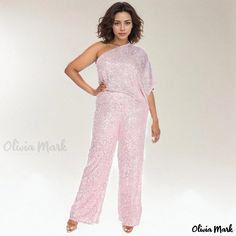 Olivia Mark - Sleeveless One-Shoulder Jumpsuit with Shimmering Sequins Embellishment Sequin Strapless Sleeveless Jumpsuit For Party, Glamorous One-shoulder Jumpsuits And Rompers For Party, Sequined Strapless Jumpsuit For Party Season, Sequin Strapless Jumpsuit For Party, Glamorous One-shoulder Jumpsuit For Party Season, Party Season Sequined Strapless Jumpsuit, Glamorous Strapless Sleeveless Jumpsuit For Party Season, Sleeveless Pink Party Jumpsuits And Rompers, Chic Sleeveless Sequined Jumpsuit