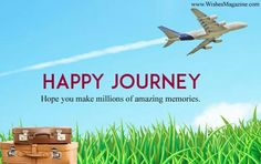 an airplane flying in the sky with luggage on the ground next to it and words happy journey