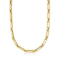 Ross-Simons - Italian 14kt Yellow Gold Alternating Paper Clip Link Necklace. 20". Crafted in Italy from 14kt yellow gold, this paper clip link necklace is the newest must-have. Its minimalistic, sleek design is all the rage and perfect for layering with other on-trend chains. Alternates with petite spacer links for a more pronounced look. Lobster clasp, 14kt yellow gold alternating paper clip link necklace. Formal Yellow Gold Paperclip Bracelet With Figaro Chain, Yellow Gold Paperclip Box Chain Necklace, Classic Yellow Gold Paperclip Chain Necklace, Classic Yellow Gold Paperclip Necklace, Yellow Gold Paperclip Necklaces For Formal Events, Classic Paperclip Chain Necklace For Formal Occasions, Classic Formal Paperclip Chain Necklace, Link Necklace, Paper Clip