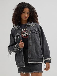 Haven’t found the right jacket? You just haven’t met the Wrangler® Women’s Fray Jacket yet. Between the oversized fit and distressed trim, it comes with that perfectly pre-worn look and feel as if you’ve been breaking it in for years. It’s crafted from 100% cotton, with a faded black wash that goes with everything as well as fraying at the cuffs, sleeves, collar, and yokes. Don’t worry—we didn’t forget the “W” pocket stitching or branded hardware. Edgy Denim Outerwear With Frayed Hem, Fall Denim Jacket With Frayed Hem For Streetwear, Oversized Distressed Denim Jacket In Edgy Style, Oversized Distressed Grunge Outerwear, Oversized Edgy Distressed Denim Jacket, Frayed Hem Denim Jacket For Fall Streetwear, Edgy Denim Jacket With Frayed Hem For Streetwear, Edgy Oversized Distressed Denim Jacket, Edgy Distressed Washed Black Outerwear