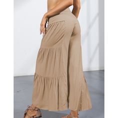 Apricot Solid Color Cropped Flare Pants with Tie Non-stretch Khaki Wide Leg Pants For Summer, Beige Full-length Bottoms For Beach, Beige Full-length Beach Bottoms, Beige Full-length Bottoms For The Beach, Full-length Beige Bottoms For Beach, High Waist Khaki Bottoms For Beach, Beige Bottoms For Beach, Summer Full-length Beige Bottoms, Solid Color Beige Bottoms For Vacation