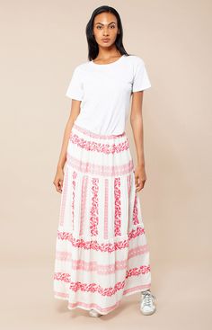 Embroidered Rayon Crinkle Gauze
Top Skirt is Lined
Tiered Skirt with Shirring
Maxi Length Recruitment Dresses, Rayon Crinkle, Crinkle Skirt, Pink Maxi Skirt, Skirt With Pleats, Gauze Top, White Maxi Skirts, Preppy Summer, Tiered Skirt