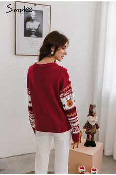 Chunky Cable Knit Sweater, Christmas Sweaters For Women, Red Pullover, Casual Sweater, Reindeer Christmas, Red Long Sleeve, Sleeve Women, Acrylic Fabric, Christmas Red