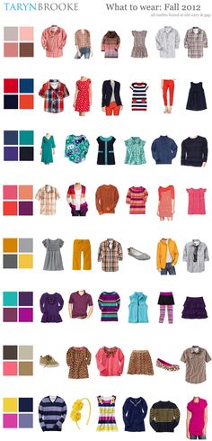 an image of clothes that are colored in different colors and sizes, with the words what to wear fall 2012 written on them