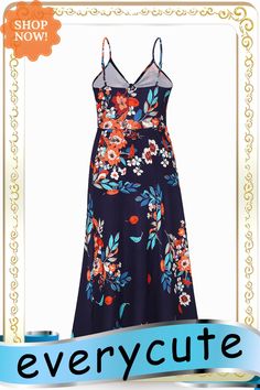 Navy Blue Split Spaghetti Strap Floral Dress Blue Cami Sundress For Spring, Elegant Blue Sundress With Spaghetti Straps, Blue Cami Sundress, Blue Cami Dress For Spring, Dresses Floral, Floral Dresses, Women Dresses, Floral Dress, Spaghetti Strap