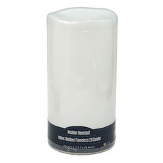 a white container with a black label on it