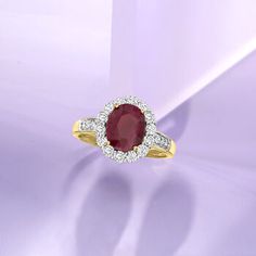 Ross-Simons - 2.00ct Ruby, .64ct t. w. Diamond Ring Oval Cut in 18kt Yellow Gold. Size 7. This opulent ring boasts a 2.00 carat oval ruby surrounded by a glittery halo of .64 ct. t. w. diamonds in white rhodium. Crafted in polished 18kt yellow gold. 1/2" wide. Diamond and ruby ring. Ruby birthstones are the perfect gift for July birthdays. Diamond And Ruby Ring, Diamond Ring Oval, Burmese Ruby, Ruby And Diamond Ring, Ruby Birthstone, Ring Ruby, July Birthday, Bare Necessities, Ring Oval