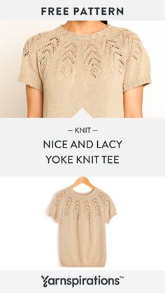 two different types of sweaters with text that reads knit nice and lacy yoke knit tee