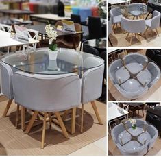 several pictures of chairs and tables with glass top