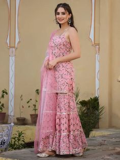 Pink & White Cotton Printed & Gota Detailing Sharara Set with Hand Painted Organza Dupatta