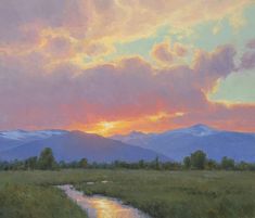 a painting of the sun setting over mountains with a river running through it and trees in the foreground