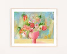 a painting of flowers in a pink vase