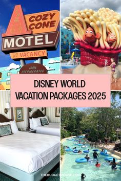 the disney world vacation packages are on display in front of a hotel sign and pool