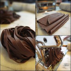 the process of making chocolates is being made by hand and then folded in brown paper