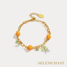 Plating: 18K Gold Materials: 18K Gold on Brass, Cubic Zirconia Measurements: Length: 6.69"(18cm) + Extender: 2.36"(6cm) Weight: 17g Spring Jewelry Trends, Fruit Bracelet, Peach Earrings, Fleur Orange, Orange Bracelet, 18k Gold Chain, Horses Pendant, Spring Jewelry, Orange Flower