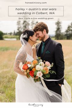 a bride and groom kissing in a field with the caption that reads, hey, gustin's star wars wedding in colorado, wa