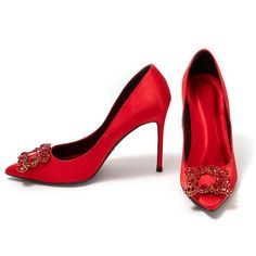 Shop Red Wedding Satin Pointed Toe Rhinestones Buckle Stiletto Heel Pumps color Red for Anniversary, Honeymoon, Party, Red Carpet, Wedding with worldwide Free shipping & Free return. Red Rhinestone Wedding Heels, Elegant Red Heels With Rhinestones, Glamorous Red Wedding Shoes For Formal Occasions, Red Rhinestone Heels For Prom, Red Glamorous Wedding Shoes, Carpet Wedding, Red Carpet Wedding, Pumps Heels Stilettos, Pointed Toe Heels