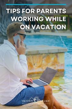 a man sitting in front of a pool talking on his cell phone and holding a laptop