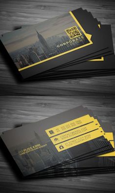 two sided business card with yellow and black accents on the front, and back side