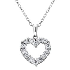 This is part of Chairish’s Fine Jewelry assortment.  Introducing a timeless and elegant piece for your discerning clientele: the Vintage 18 Karat White Gold Open Heart Diamond Pendant Necklace. Crafted with exquisite attention to detail, this pendant necklace features a captivating open heart design adorned with sparkling diamonds, weighing a total of 0.60 carats. The pendant itself measures 0.75 inches in length and 0.51 inches in width, presenting a delicate yet impactful aesthetic. Each diamo Wedding Sterling Silver Heart Necklace With Brilliant Cut, Wedding Heart Necklace With Brilliant Cut In Sterling Silver, Sterling Silver Heart Necklace With Brilliant Cut For Wedding, Wedding Heart Necklace In Sterling Silver With Brilliant Cut, Classic Platinum Necklace As A Gift, Elegant Heart Cut Diamond Necklace For Valentine's Day, Classic Platinum Necklace For Gift, Classic Platinum Necklace For Gifts, Classic Heart-shaped Sterling Silver Diamond Necklace