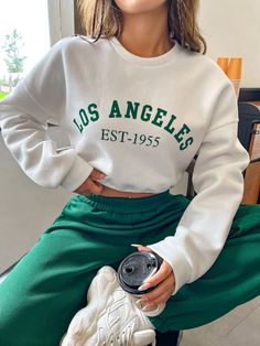 Letter Graphic Drop Shoulder Crop Sweatshirt White Casual  Long Sleeve Fabric Letter Pullovers High Stretch Spring/Summer Women Clothing, size features are:Bust: ,Length: ,Sleeve Length: Chic Sweatshirt Outfit, Jogger Outfit, Closet Store, Chic Sweatshirt, Outfit Hoodie, Joggers Outfit, Dropped Shoulder Sweatshirt, Crop Top Sweatshirt, Chill Outfits