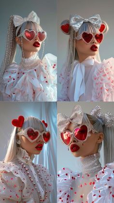 four different pictures of a woman with heart shaped glasses on her face and in the middle