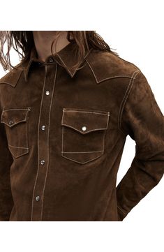 Tailored with traditional Western details, this supple suede shirt will keep you cool and stylish from the prairie to city streets. Point collar Long sleeves with two-snap cuffs Leather Professional leather clean Imported Brown Western Style Top For Winter, Brown Western Tops For Winter, Western Brown Tops For Winter, Western Brown Collared Tops, Western Style Brown Collared Top, Allsaints Classic Long Sleeve Top, Brown Western Shirt For Fall, Brown Western Style Shirt For Fall, Brown Western Top With Buttons