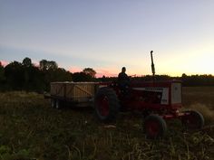 a man driving a red tractor in a field at sunset with the sun setting behind him