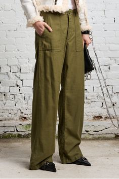 Utility pant with a wide leg. Made from Japanese surplus loose military sateen and treated with a softening enzyme wash. Color: Olive Model is 5'10 and wearing size 25 Bust 34”; waist 24”; hips 35” 100% Cotton R13WR077-R109B R13 Denim, Military Chic, Utility Pants, Denim Shoes, Olive Color, Womens Fall, Mens Denim, Shoe Collection, Wide Leg