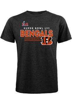 Support your Cincinnati Bengals in this Black Short Sleeve Fashion Tee! This Interception Fashion T Shirt features a screen printed super bowl design with team wording. Be ready to shout "Go Bengals!" when you wear this Cincinnati Short Sleeve Fashion T Shirt in the stadium or on the street. Black Top With Front Logo For Streetwear, Black Tops With Front Logo For Streetwear, Black Streetwear Top With Front Logo, Black Short Sleeve T-shirt With Front Logo, Black Cotton T-shirt With Front Logo, Black T-shirt With Text Print For Fans, Black Fan Gear T-shirt With Text Print, Black Tri-blend Tops With Letter Print, Black Tri-blend Tops With Text Print