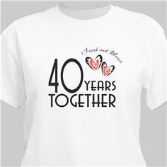 Celebrate all of your years together with this perfect Years Together Personalized Anniversary T-shirt.  Personalize this t-shirt with the couple's first names and number of years married on your choice of t-shirt color.If you would like one for both Anniversary Crew Neck T-shirt With Custom Print, Anniversary T-shirt With Custom Print, Short Sleeve, Anniversary Graphic Tee With Letter Print, Anniversary White Custom Print T-shirt, White Graphic Print Top For Anniversary, Customizable Crew Neck T-shirt For Anniversary, White Pre-shrunk Tops For Anniversary, Personalized Anniversary T-shirt, Personalized T-shirt For Anniversary