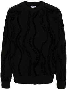 black cotton jersey texture flocked logo flocked pattern crew neck long sleeves fleece lining ribbed cuffs and hem Versace Sweater, City Shorts, Versace Jeans Couture, Summer Beach Wear, Versace Jeans, Sweaters Knitwear, Mens Activewear, Light Jacket, Jacket Style