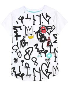 White Hip Hop Tops With Character Print, Playful Graphic Print Tops For Streetwear, Urban Style White Top With Character Print, Playful White T-shirt With Graphic Print, Playful Streetwear T-shirt With Logo Print, Playful Graphic Tops For Streetwear, Playful Logo Print T-shirt For Streetwear, Playful Graphic T-shirt For Streetwear, Playful Graphic Print T-shirt For Streetwear