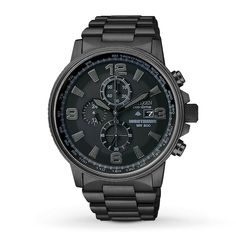 This chronograph timepiece for him showcases a stylish black ion-plated stainless steel case and bracelet. The round black dial includes a date window. Protected by a mineral crystal. Features Eco-Drive technology, powered by light, so it never needs a battery. Water-resistant to 200 meters. From the Nighthawk collection. Black Chronograph Watch With 10atm Water Resistance, Casio Protrek, Mens Watches Citizen, Eco Drive Watches, Timex Watches, Mens Chronograph, Amazing Watches, Citizen Watch, Citizen Eco