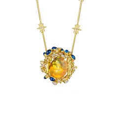 Anthony Lent Celestial Cherub Fire Opal Necklace Anthony Lent, History Of Art, Branch Necklace, Fire Opal Necklace, Mexican Fire Opal, Hand Necklace, The Heavens, The Cosmos, Yellow Gold Chain