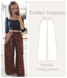 an image of a woman wearing wide legged pants and crop top with the text, ember trousers printable sewing pattern