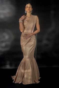 Rose gold mermaid pre-draped lehenga saree in a shimmer base with rhinestone embellished waist chains and pallu tassels. Comes with blouse embellished by rhinestone shoulder chains. - Aza Fashions Draped Lehenga, Drape Lehenga, Nikhil Thampi, Gold Mermaid, Drape Saree, Lehenga Saree, Blouse For Women, Shoulder Chain, Waist Chain