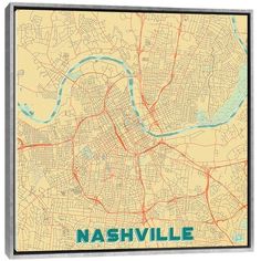 a map of nashville, tennessee with the word nashville on it and a river running through it