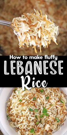 Bowl of fluffy rice with Pinterest overlay. Labenese Rice, How To Make Mediterranean Rice, Middle Eastern Healthy Recipes, Middle East Rice, Middle East Rice Recipes, Basmati Rice Pilaf Recipe, Lebanese Yellow Rice, Basamitti Rice