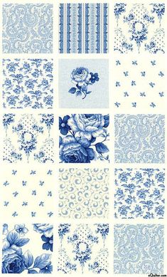 blue and white wallpaper with roses on it