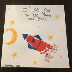 a handmade valentine's card with an image of a rocket ship and the words i love you to the moon and back