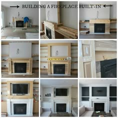 a series of photos showing different types of fireplaces and built - in cabinets, with instructions for how to install them