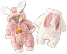 two baby bunny onesuits with ears and carrot in the pocket, one is white and one is pink