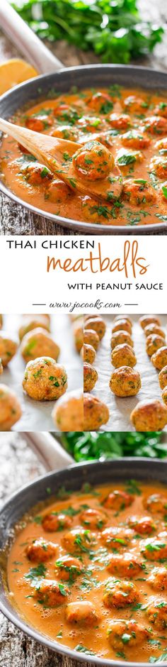 three images show the process of making meatballs with peanut sauce