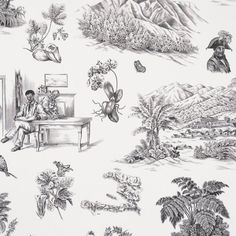 black and white drawing of people sitting at a table in front of mountains, trees, and plants