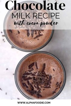 two cups of chocolate milkshake with cocoa powder on top and text overlay that reads, chocolate milkshake recipe with cocoa powder