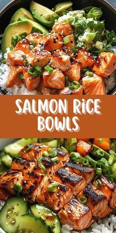 salmon rice bowls with cucumbers and avocado on the side are shown